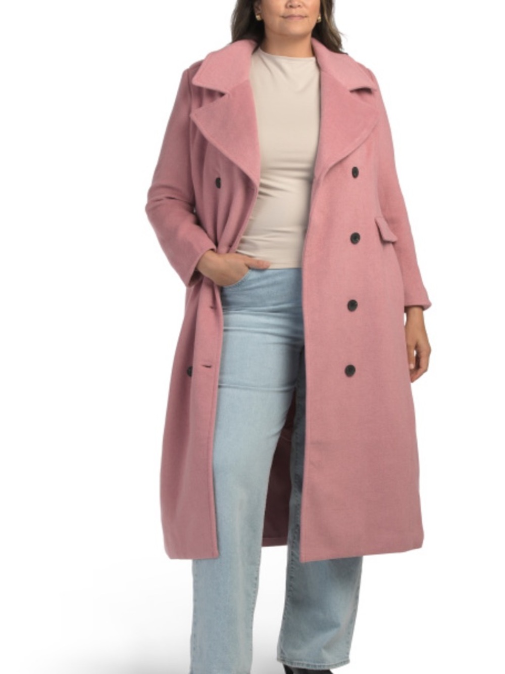 Avec Les Filles Long Double-Breasted Rose Wool-Blend Coat